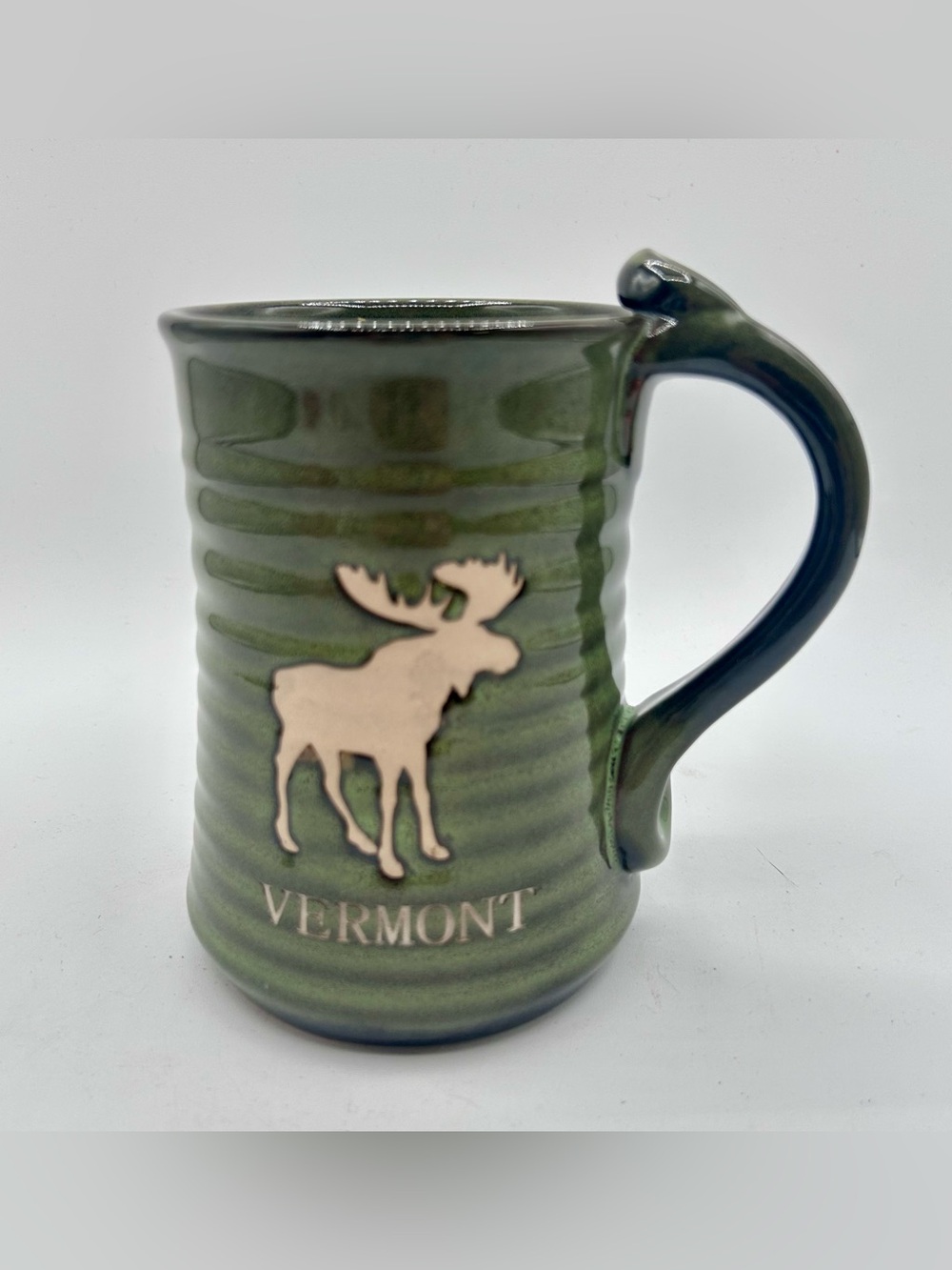 Vermont Moose Stoneware Pottery Coffee Mug Cup Green Brown 14oz